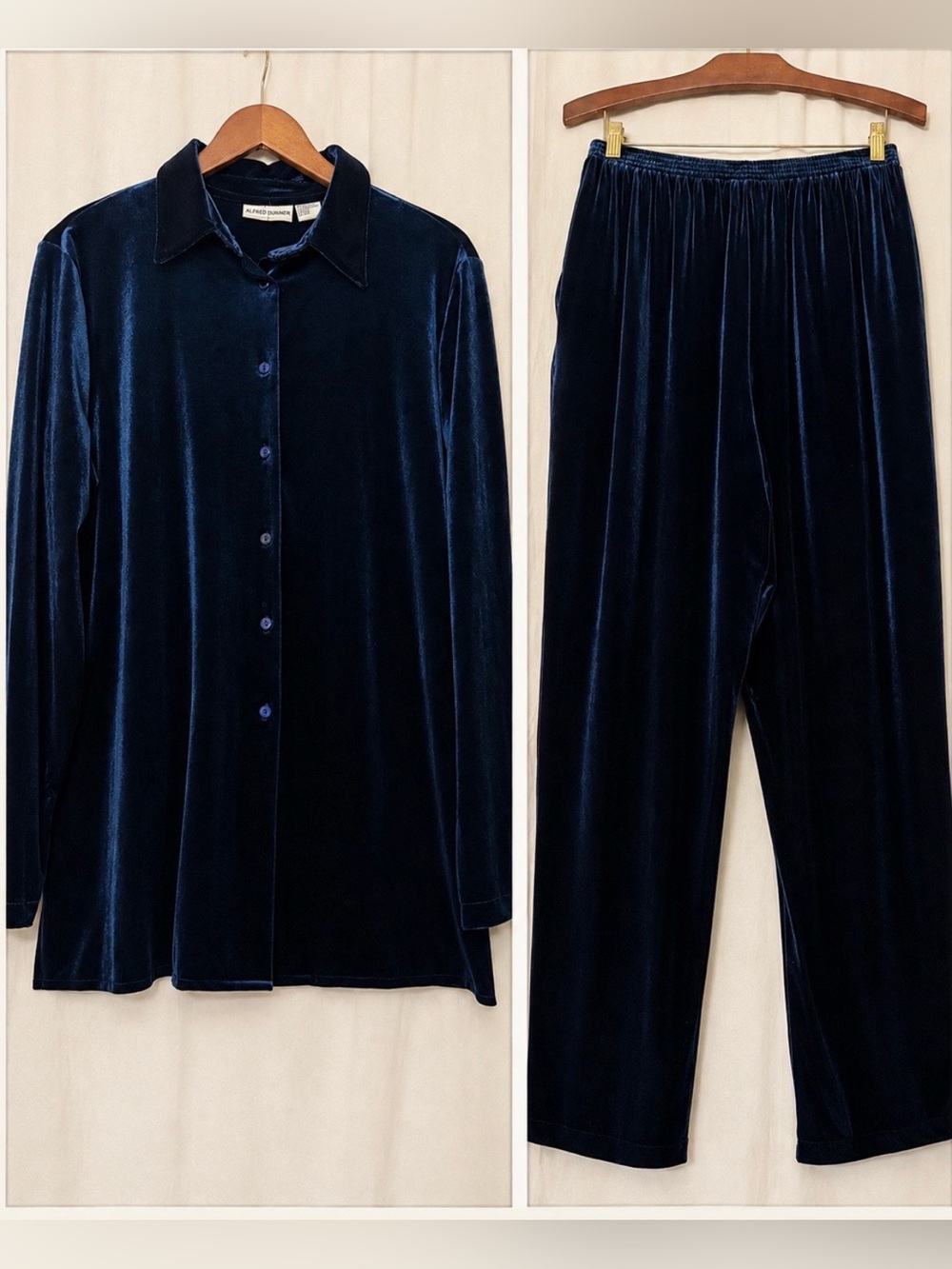NWOT Alfred Dunner Velour 2pc Set Button Down Tunic Shirt Wide Leg Pants Navy-14